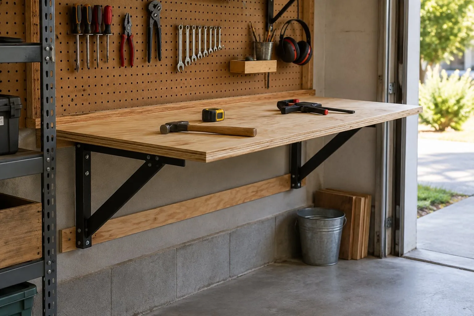 Garage wall with a plywood workbench top open on black metal brackets, a hammer, clamp and tape measure on it and a pegboard with tools above