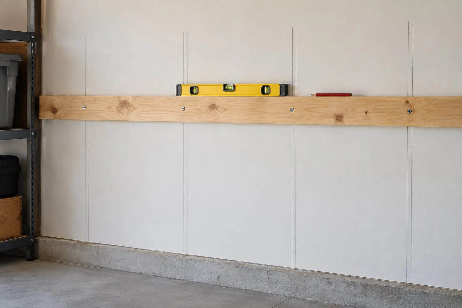 Garage drywall with pencil lines marking studs, a wooden ledger board screwed across them and a spirit level and pencil resting on the board