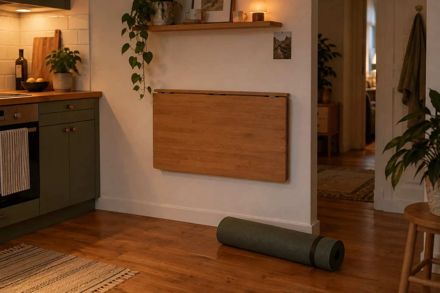Kitchen wall in evening light with a wooden tabletop folded flat against the wall and a rolled-up yoga mat on the free floor