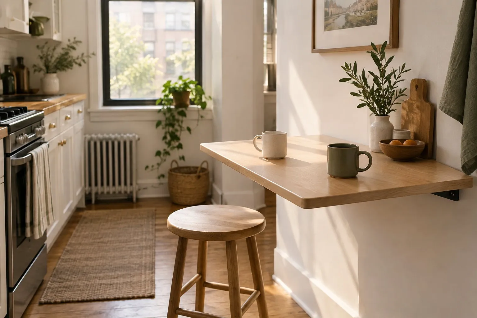 Small apartment kitchen in morning light with a light wooden top folded out from the wall, two mugs on it and a wooden stool beside it