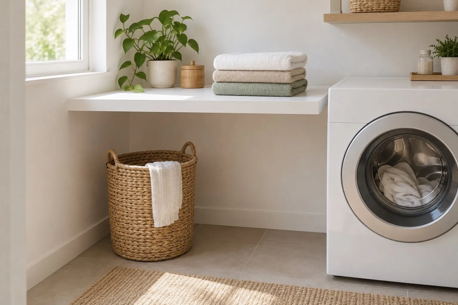 Bright laundry room with a white wall-mounted top next to a front-loading washer, a stack of folded towels on it and a woven basket below