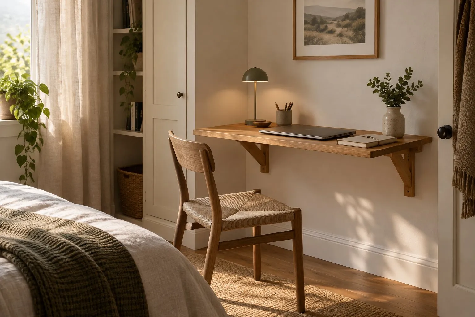 Bedroom corner with a narrow wooden wall-mounted desk top, a laptop, a lamp and a chair